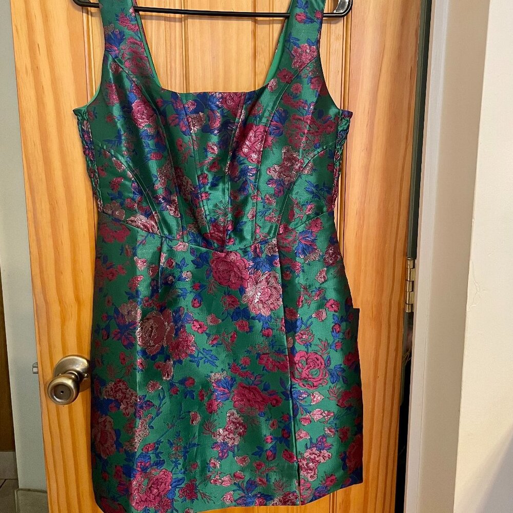 Lulu's Green Floral Jacquard Mini Dress with Pink & Blue Flowers